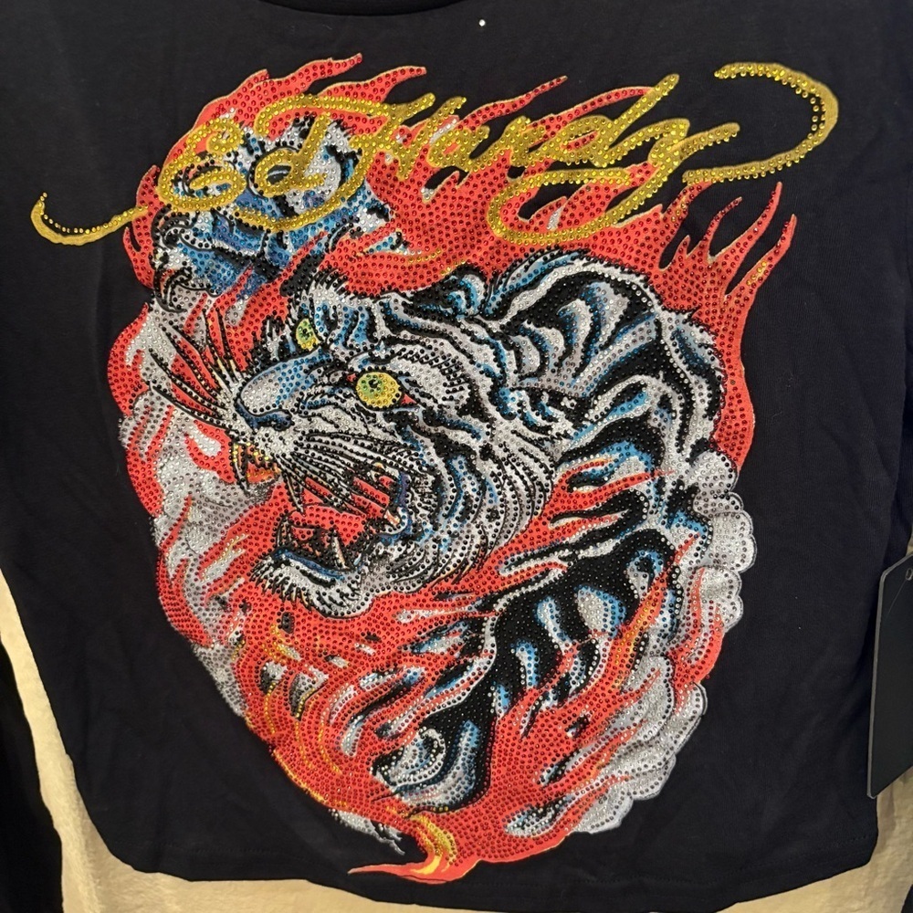 NWT~ED HARDY Black Tiger Skull Rhinestone Embellished Graphic Crop Top-Medium - Picture 2 of 7